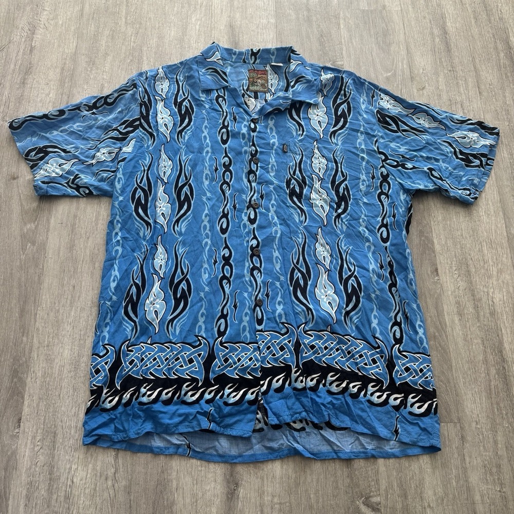 Pineapple Connection Vintage Surf Skate Button Up Shirt Size XL Blue Tribal 90's